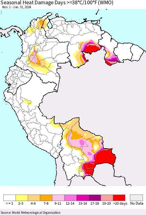 Northern South America Seasonal Heat Damage Days >=38°C/100°F (WMO) Thematic Map For 11/1/2023 - 1/31/2024