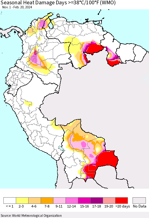 Northern South America Seasonal Heat Damage Days >=38°C/100°F (WMO) Thematic Map For 11/1/2023 - 2/20/2024