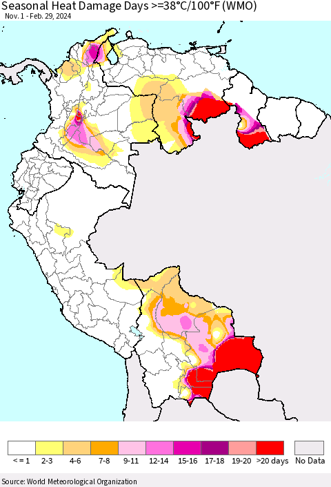 Northern South America Seasonal Heat Damage Days >=38°C/100°F (WMO) Thematic Map For 11/1/2023 - 2/29/2024