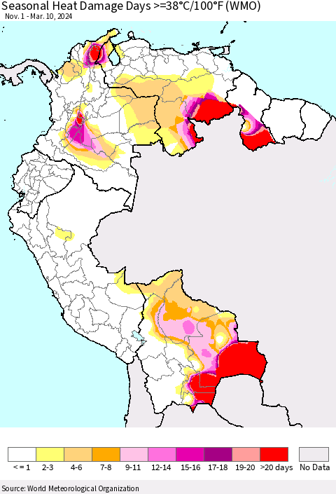 Northern South America Seasonal Heat Damage Days >=38°C/100°F (WMO) Thematic Map For 11/1/2023 - 3/10/2024