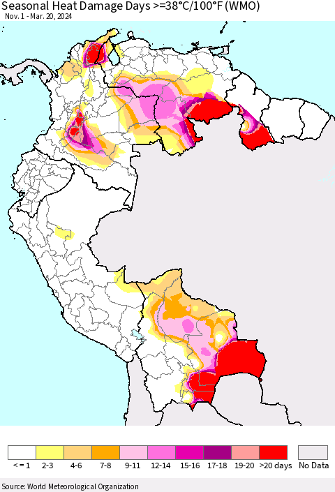 Northern South America Seasonal Heat Damage Days >=38°C/100°F (WMO) Thematic Map For 11/1/2023 - 3/20/2024