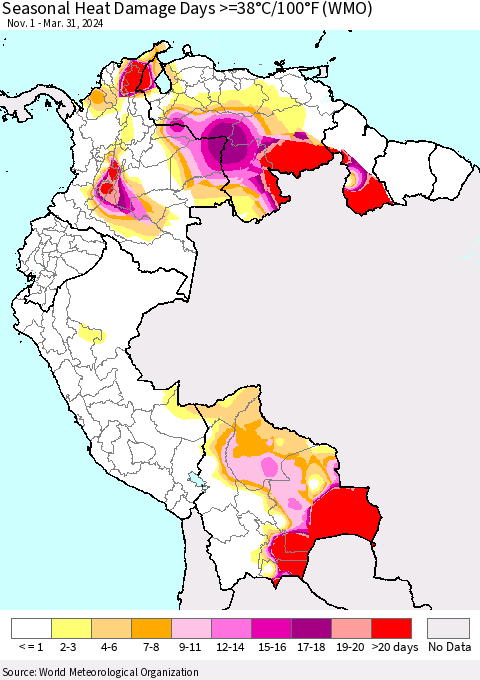 Northern South America Seasonal Heat Damage Days >=38°C/100°F (WMO) Thematic Map For 11/1/2023 - 3/31/2024