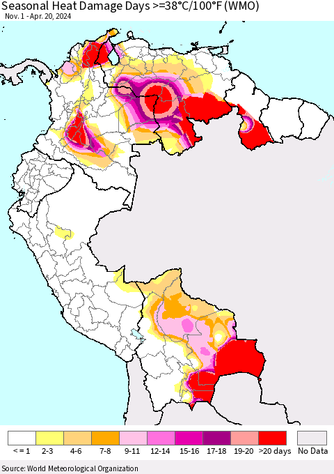 Northern South America Seasonal Heat Damage Days >=38°C/100°F (WMO) Thematic Map For 11/1/2023 - 4/20/2024