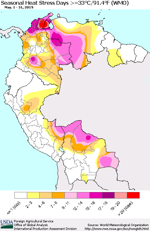 Northern South America Seasonal Heat Stress Days >=35°C/95°F (WMO) Thematic Map For 5/1/2019 - 5/31/2019