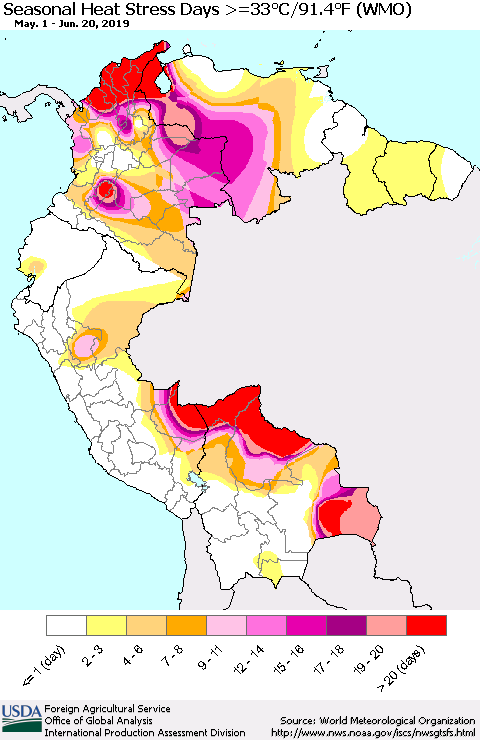 Northern South America Seasonal Heat Stress Days >=35°C/95°F (WMO) Thematic Map For 5/1/2019 - 6/20/2019