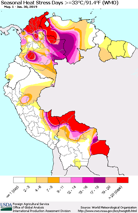Northern South America Seasonal Heat Stress Days >=35°C/95°F (WMO) Thematic Map For 5/1/2019 - 6/30/2019