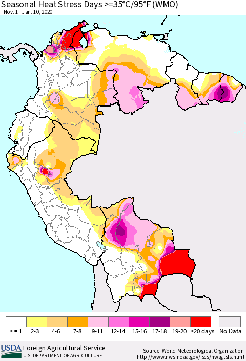 Northern South America Seasonal Heat Stress Days >=35°C/95°F (WMO) Thematic Map For 11/1/2019 - 1/10/2020