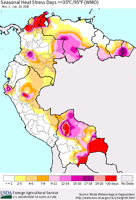 Northern South America Seasonal Heat Stress Days >=35°C/95°F (WMO) Thematic Map For 11/1/2019 - 1/20/2020