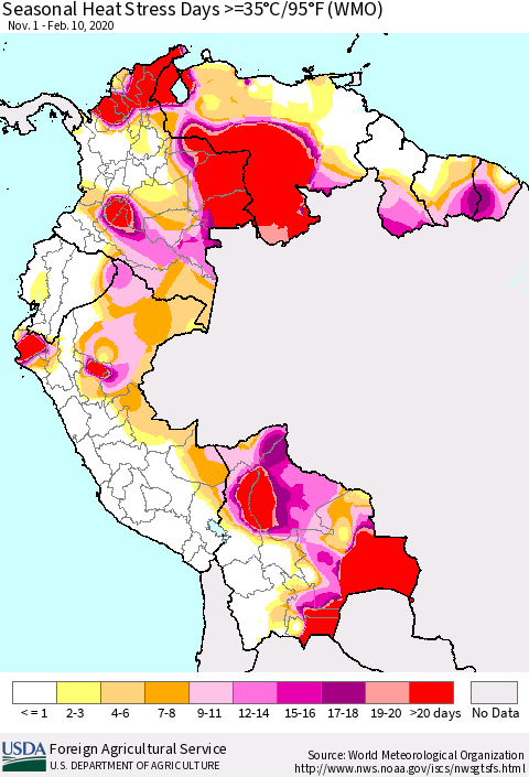 Northern South America Seasonal Heat Stress Days >=35°C/95°F (WMO) Thematic Map For 11/1/2019 - 2/10/2020
