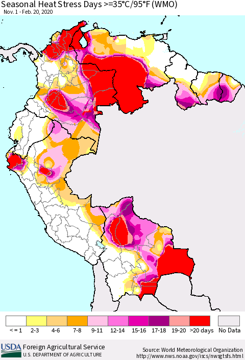 Northern South America Seasonal Heat Stress Days >=35°C/95°F (WMO) Thematic Map For 11/1/2019 - 2/20/2020