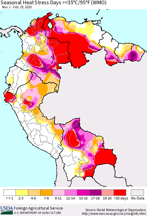 Northern South America Seasonal Heat Stress Days >=35°C/95°F (WMO) Thematic Map For 11/1/2019 - 2/29/2020