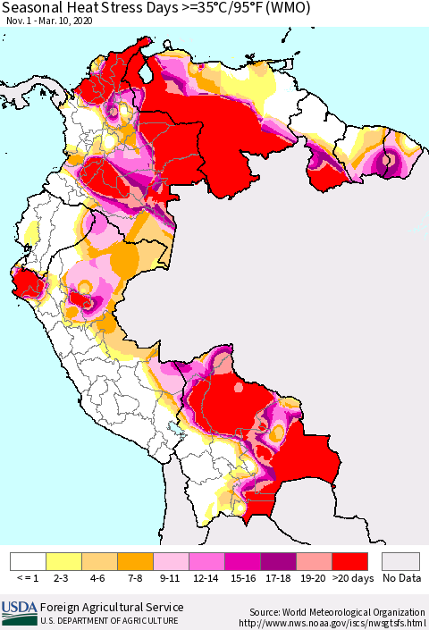 Northern South America Seasonal Heat Stress Days >=35°C/95°F (WMO) Thematic Map For 11/1/2019 - 3/10/2020