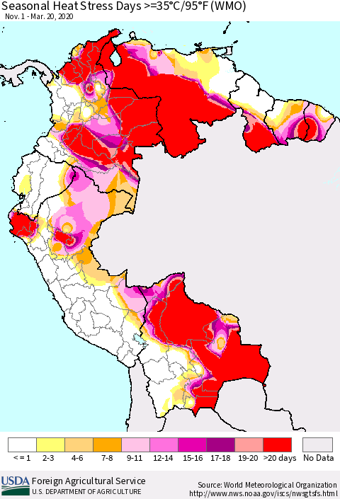 Northern South America Seasonal Heat Stress Days >=35°C/95°F (WMO) Thematic Map For 11/1/2019 - 3/20/2020