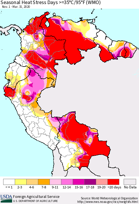 Northern South America Seasonal Heat Stress Days >=35°C/95°F (WMO) Thematic Map For 11/1/2019 - 3/31/2020