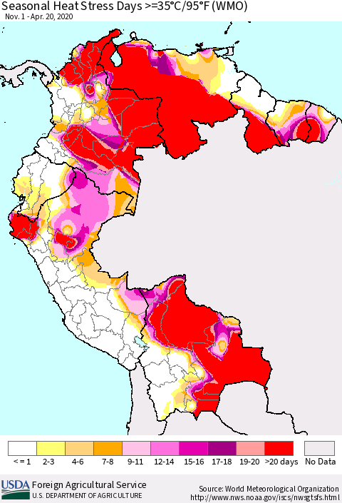 Northern South America Seasonal Heat Stress Days >=35°C/95°F (WMO) Thematic Map For 11/1/2019 - 4/20/2020