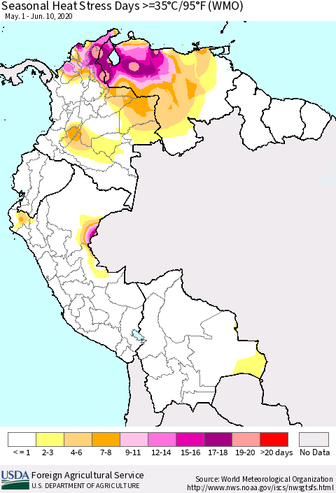 Northern South America Seasonal Heat Stress Days >=35°C/95°F (WMO) Thematic Map For 5/1/2020 - 6/10/2020
