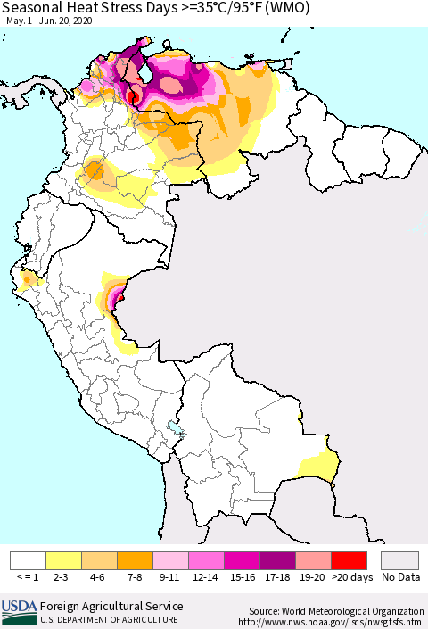 Northern South America Seasonal Heat Stress Days >=35°C/95°F (WMO) Thematic Map For 5/1/2020 - 6/20/2020