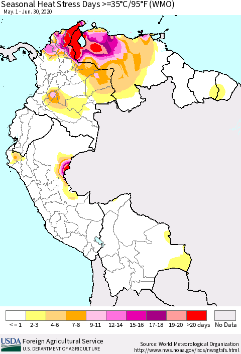 Northern South America Seasonal Heat Stress Days >=35°C/95°F (WMO) Thematic Map For 5/1/2020 - 6/30/2020