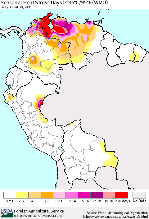 Northern South America Seasonal Heat Stress Days >=35°C/95°F (WMO) Thematic Map For 5/1/2020 - 7/10/2020
