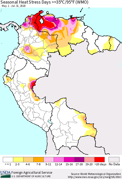 Northern South America Seasonal Heat Stress Days >=35°C/95°F (WMO) Thematic Map For 5/1/2020 - 7/31/2020