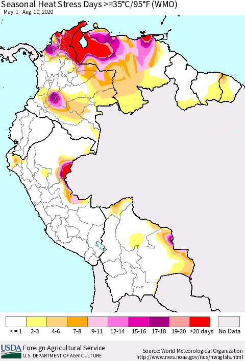 Northern South America Seasonal Heat Stress Days >=35°C/95°F (WMO) Thematic Map For 5/1/2020 - 8/10/2020