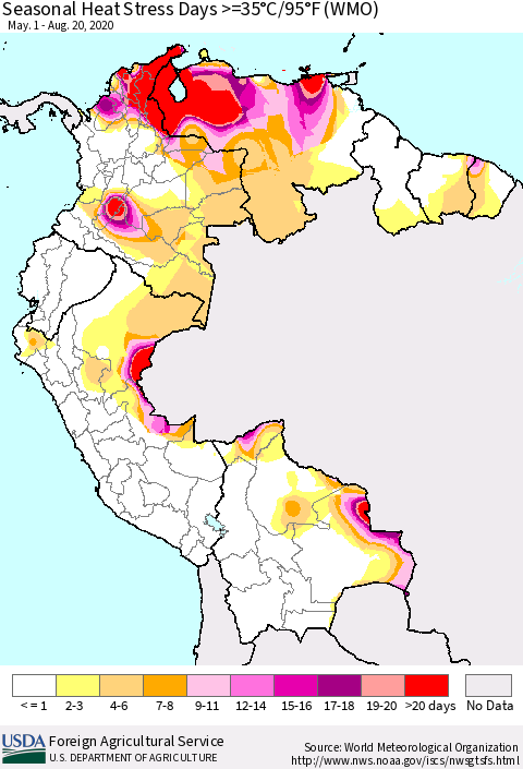 Northern South America Seasonal Heat Stress Days >=35°C/95°F (WMO) Thematic Map For 5/1/2020 - 8/20/2020