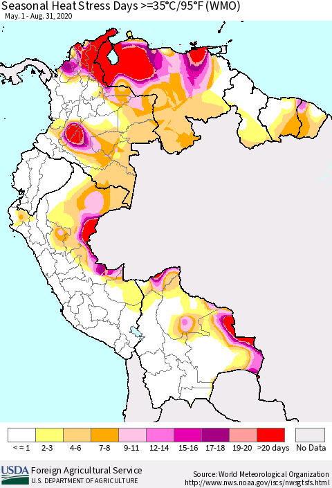 Northern South America Seasonal Heat Stress Days >=35°C/95°F (WMO) Thematic Map For 5/1/2020 - 8/31/2020