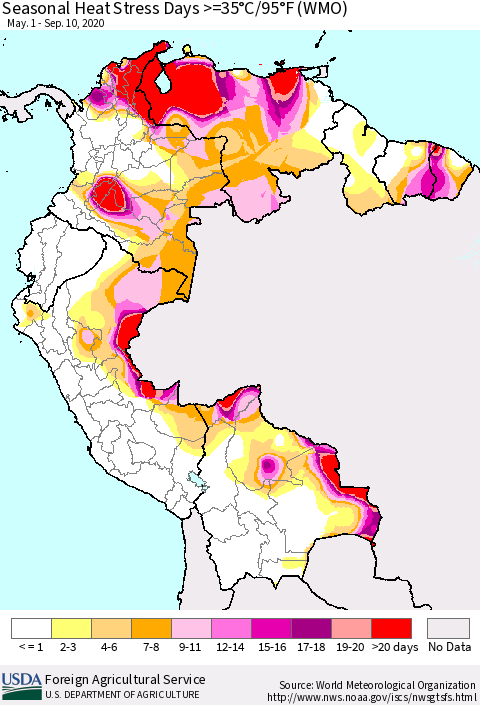 Northern South America Seasonal Heat Stress Days >=35°C/95°F (WMO) Thematic Map For 5/1/2020 - 9/10/2020
