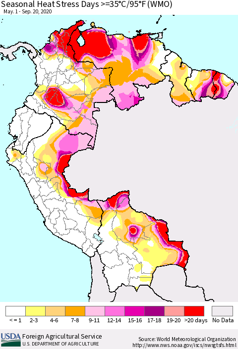 Northern South America Seasonal Heat Stress Days >=35°C/95°F (WMO) Thematic Map For 5/1/2020 - 9/20/2020