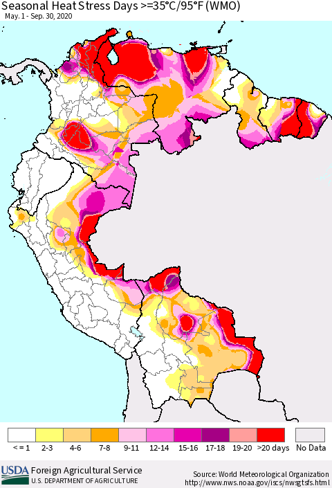 Northern South America Seasonal Heat Stress Days >=35°C/95°F (WMO) Thematic Map For 5/1/2020 - 9/30/2020