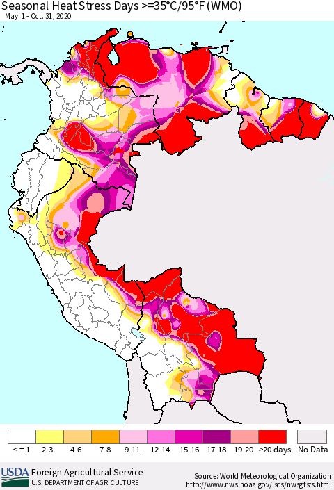 Northern South America Seasonal Heat Stress Days >=35°C/95°F (WMO) Thematic Map For 5/1/2020 - 10/31/2020