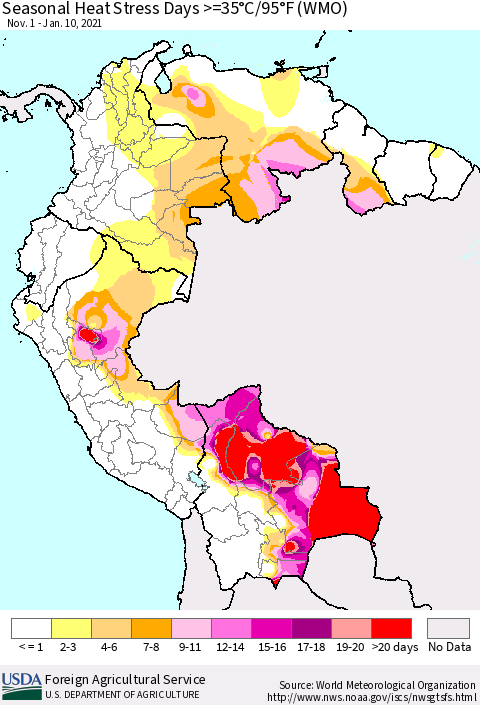 Northern South America Seasonal Heat Stress Days >=35°C/95°F (WMO) Thematic Map For 11/1/2020 - 1/10/2021