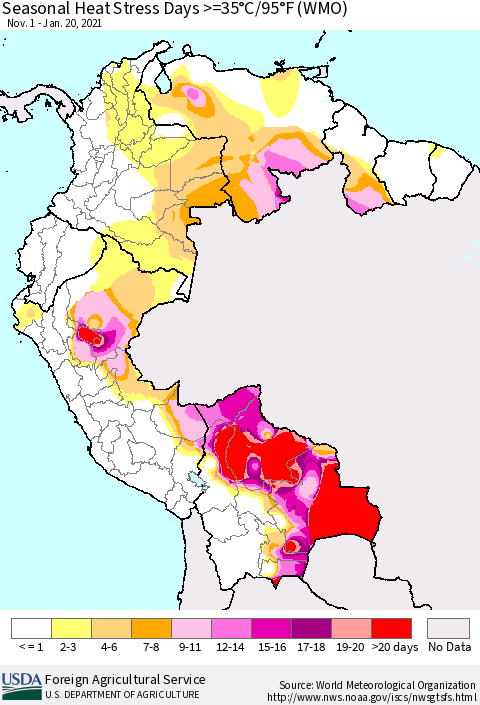 Northern South America Seasonal Heat Stress Days >=35°C/95°F (WMO) Thematic Map For 11/1/2020 - 1/20/2021