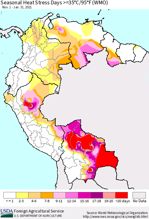 Northern South America Seasonal Heat Stress Days >=35°C/95°F (WMO) Thematic Map For 11/1/2020 - 1/31/2021