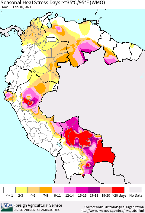 Northern South America Seasonal Heat Stress Days >=35°C/95°F (WMO) Thematic Map For 11/1/2020 - 2/10/2021
