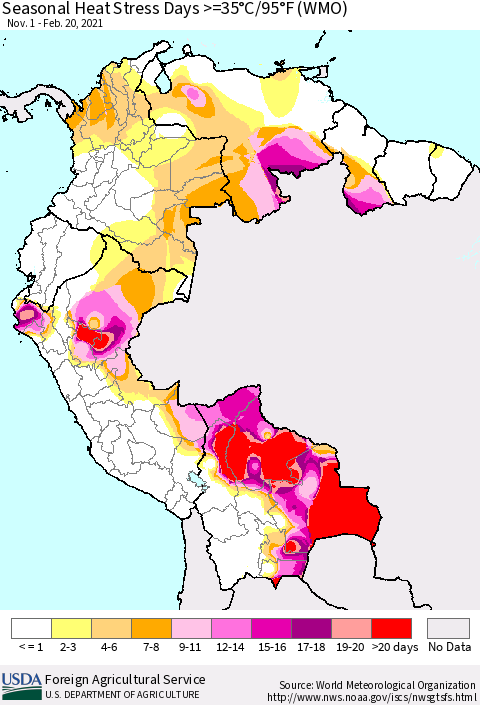Northern South America Seasonal Heat Stress Days >=35°C/95°F (WMO) Thematic Map For 11/1/2020 - 2/20/2021