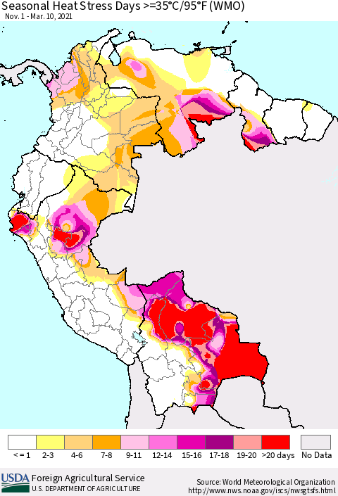 Northern South America Seasonal Heat Stress Days >=35°C/95°F (WMO) Thematic Map For 11/1/2020 - 3/10/2021