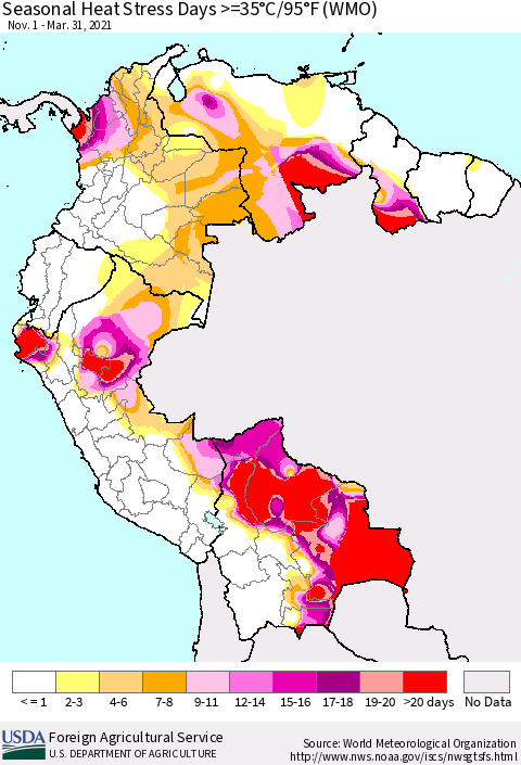 Northern South America Seasonal Heat Stress Days >=35°C/95°F (WMO) Thematic Map For 11/1/2020 - 3/31/2021