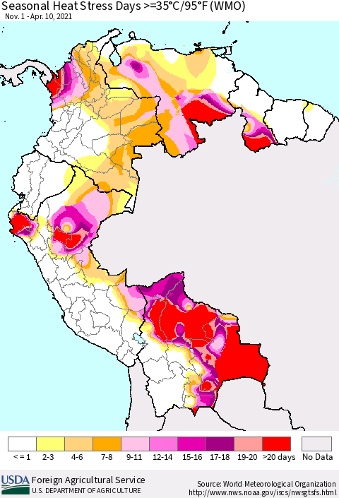 Northern South America Seasonal Heat Stress Days >=35°C/95°F (WMO) Thematic Map For 11/1/2020 - 4/10/2021