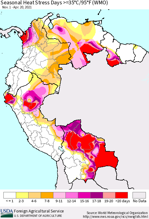Northern South America Seasonal Heat Stress Days >=35°C/95°F (WMO) Thematic Map For 11/1/2020 - 4/20/2021