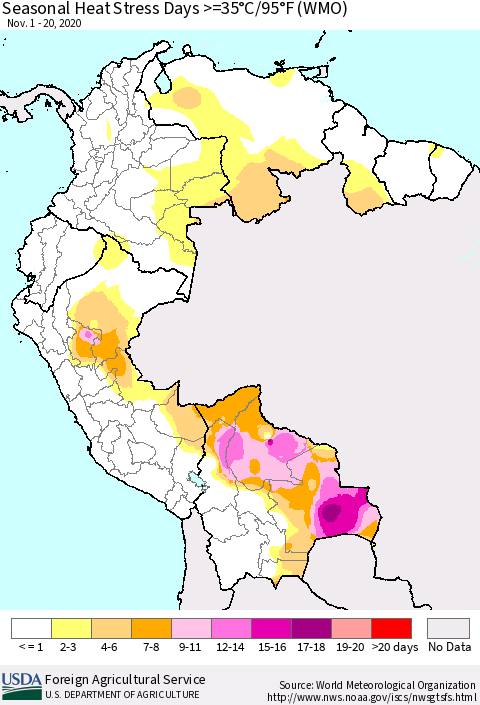 Northern South America Seasonal Heat Stress Days >=35°C/95°F (WMO) Thematic Map For 11/1/2020 - 11/20/2020