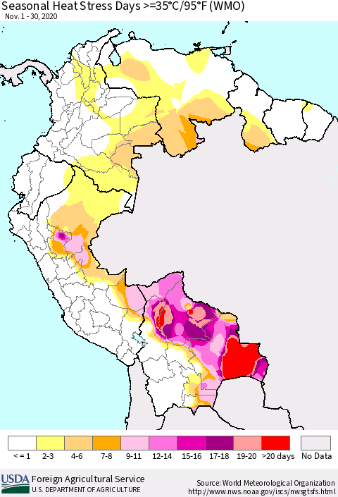 Northern South America Seasonal Heat Stress Days >=35°C/95°F (WMO) Thematic Map For 11/1/2020 - 11/30/2020