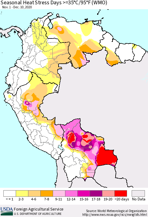 Northern South America Seasonal Heat Stress Days >=35°C/95°F (WMO) Thematic Map For 11/1/2020 - 12/10/2020