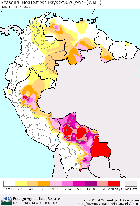 Northern South America Seasonal Heat Stress Days >=35°C/95°F (WMO) Thematic Map For 11/1/2020 - 12/20/2020