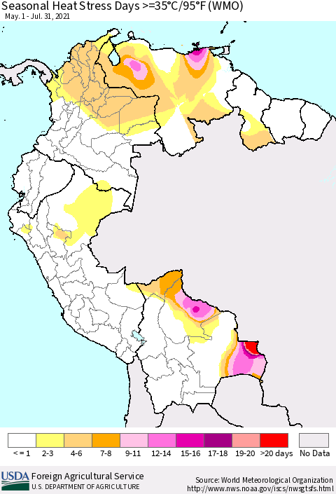 Northern South America Seasonal Heat Stress Days >=35°C/95°F (WMO) Thematic Map For 5/1/2021 - 7/31/2021