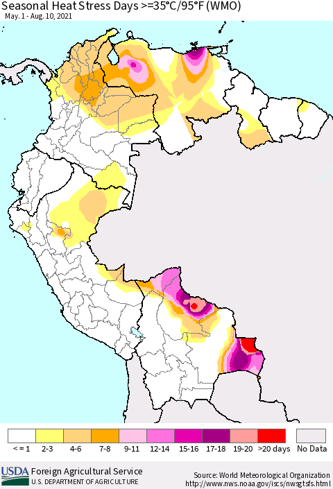 Northern South America Seasonal Heat Stress Days >=35°C/95°F (WMO) Thematic Map For 5/1/2021 - 8/10/2021