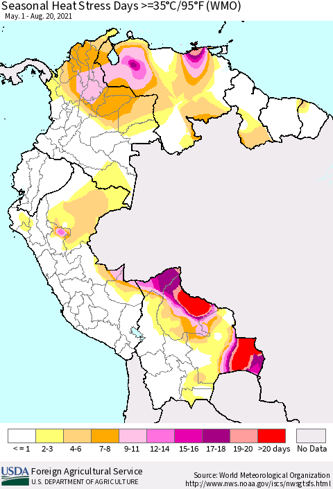 Northern South America Seasonal Heat Stress Days >=35°C/95°F (WMO) Thematic Map For 5/1/2021 - 8/20/2021