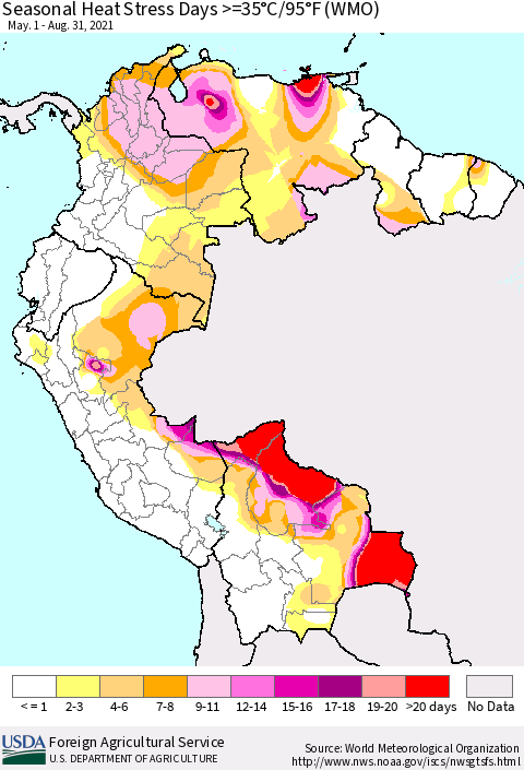 Northern South America Seasonal Heat Stress Days >=35°C/95°F (WMO) Thematic Map For 5/1/2021 - 8/31/2021