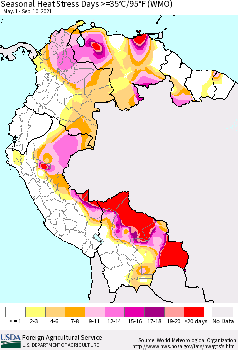 Northern South America Seasonal Heat Stress Days >=35°C/95°F (WMO) Thematic Map For 5/1/2021 - 9/10/2021