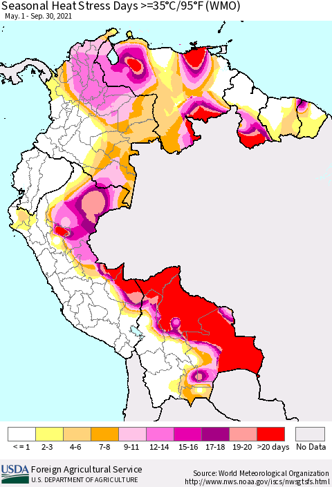 Northern South America Seasonal Heat Stress Days >=35°C/95°F (WMO) Thematic Map For 5/1/2021 - 9/30/2021